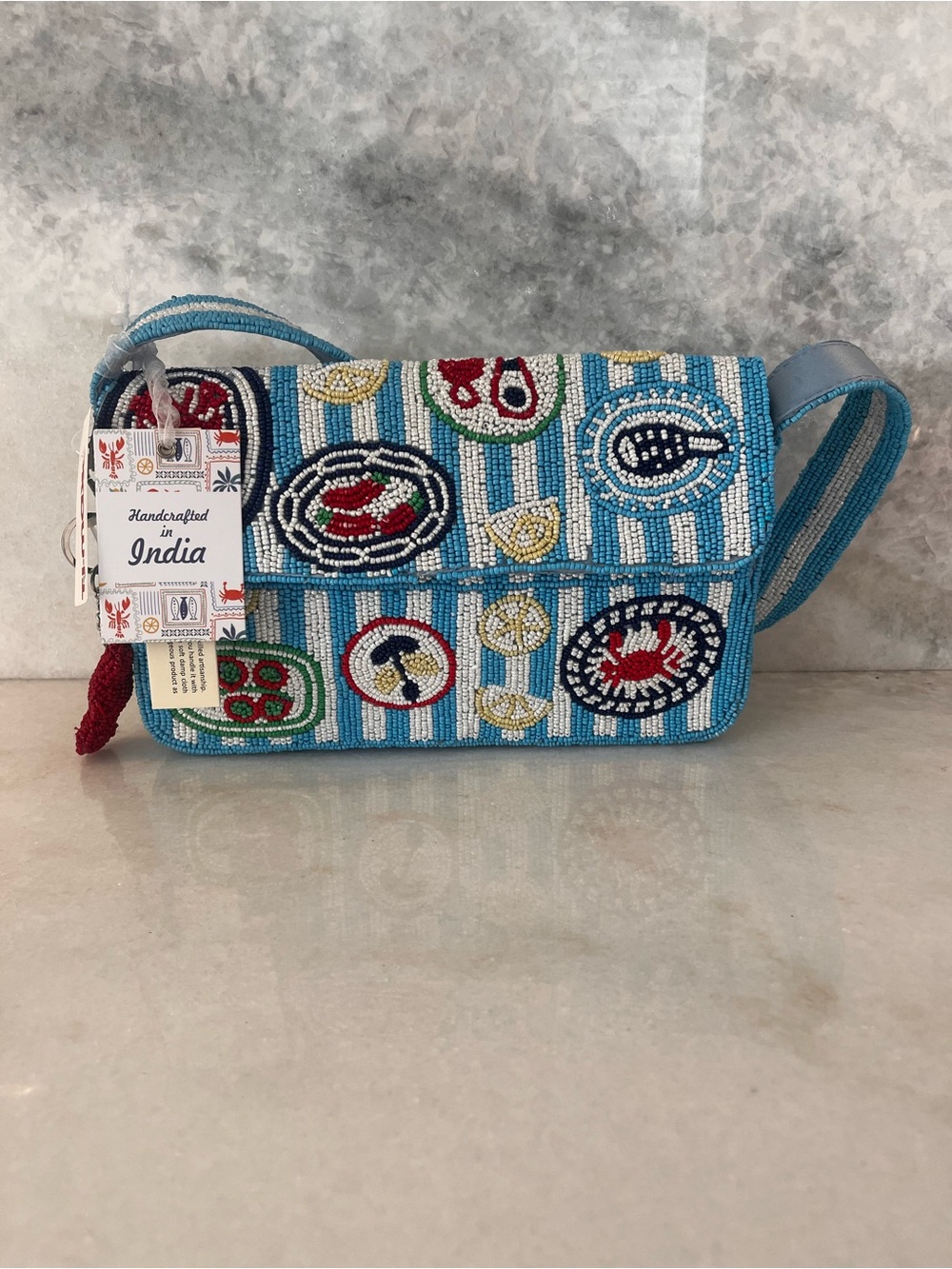 Beaded shoulder bag & bag charm- coastal crab & lobster theme- BNWT summer bag